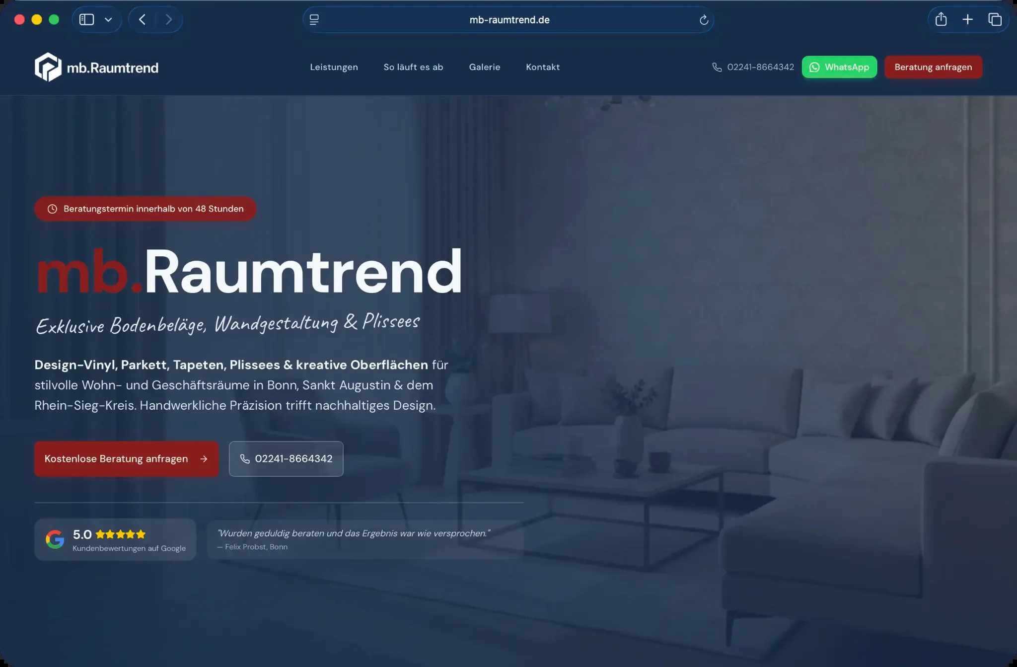 Desktop-Ansicht des Projekts mb.Raumtrend – Raumausstattung · Bonn